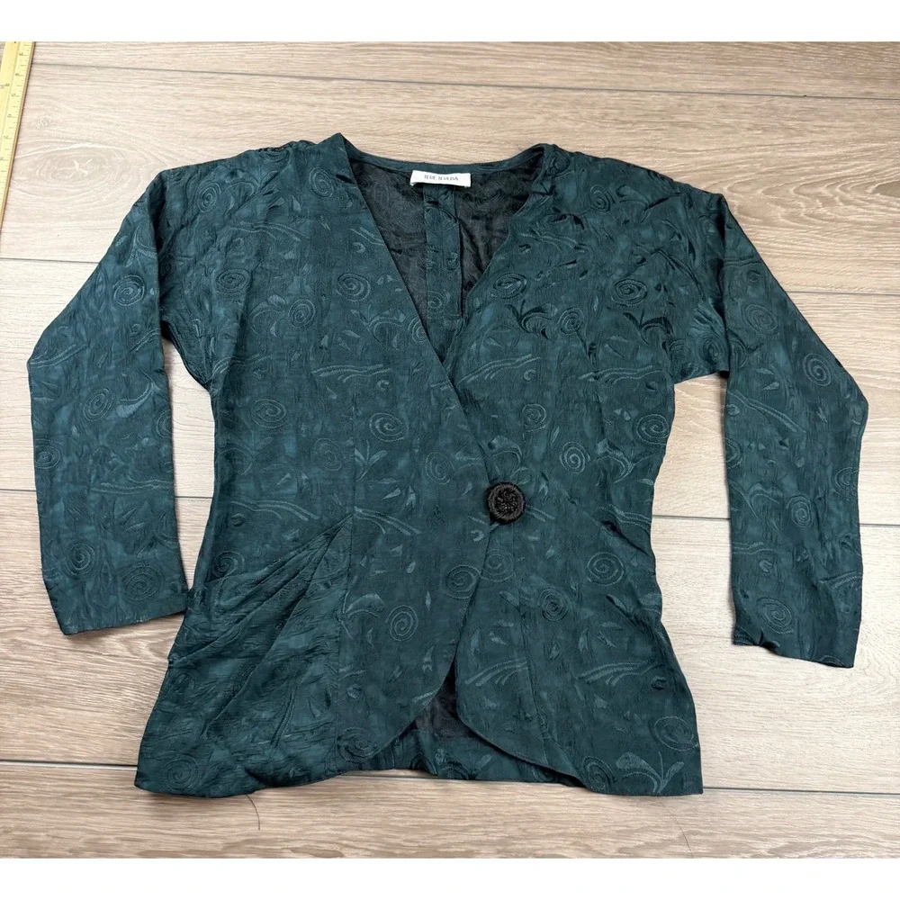 Tere Tereba Womens Blazer Jacket Floral Jacquard Single Button Teal Green Size 8